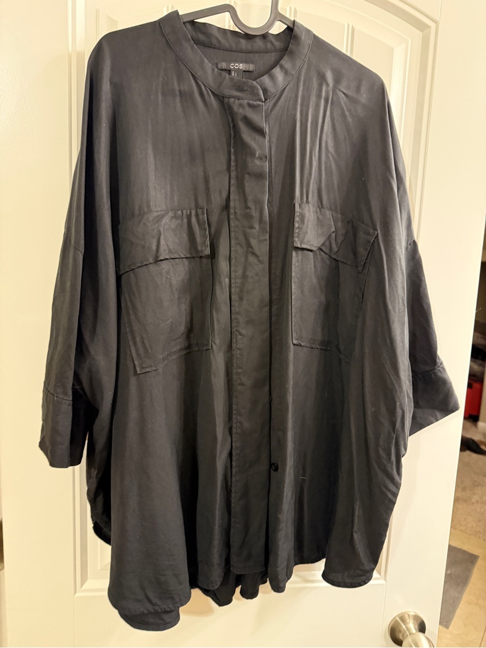 COS Black Relaxed Band-Collar Overshirt with Chest Pockets
